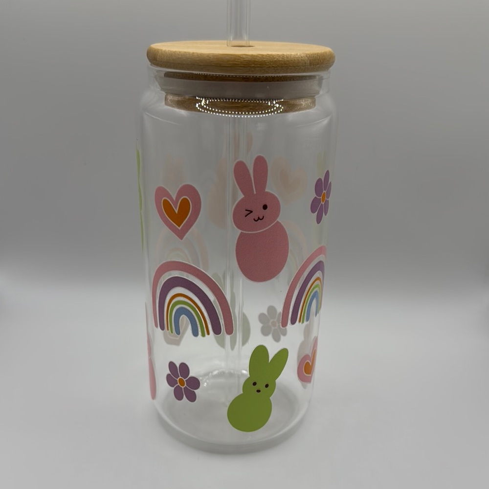 Cute Bunny and Rainbow Glass Tumbler